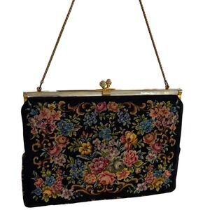 Vintage Floral Tapestry Handbag Gold Chain Kiss Lock Mother of Pearl Inlay Black